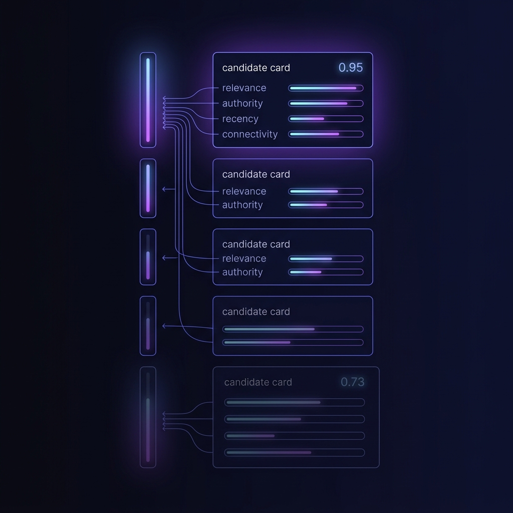 Composite score ranking — five candidate cards ranked vertically, each decomposed into relevance/authority/recency/connectivity sub-bars