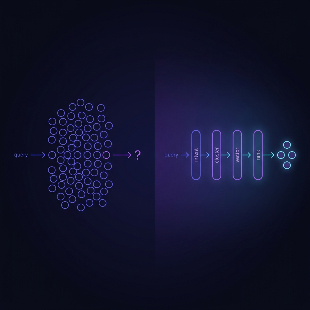 Left: naive query → undifferentiated blob → uncertain result. Right: layered query → intent / cluster / vector / rank → clean result