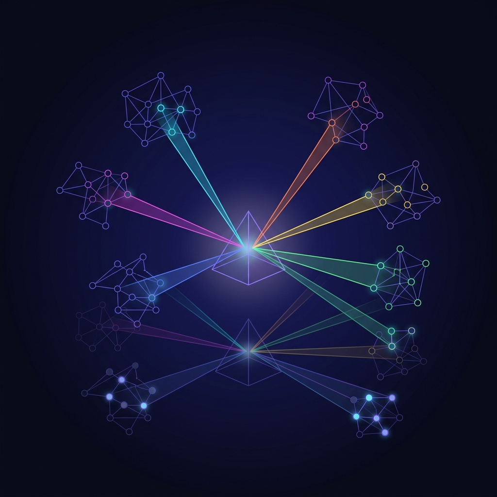 Query refracted into six intent-routed beams across the knowledge graph