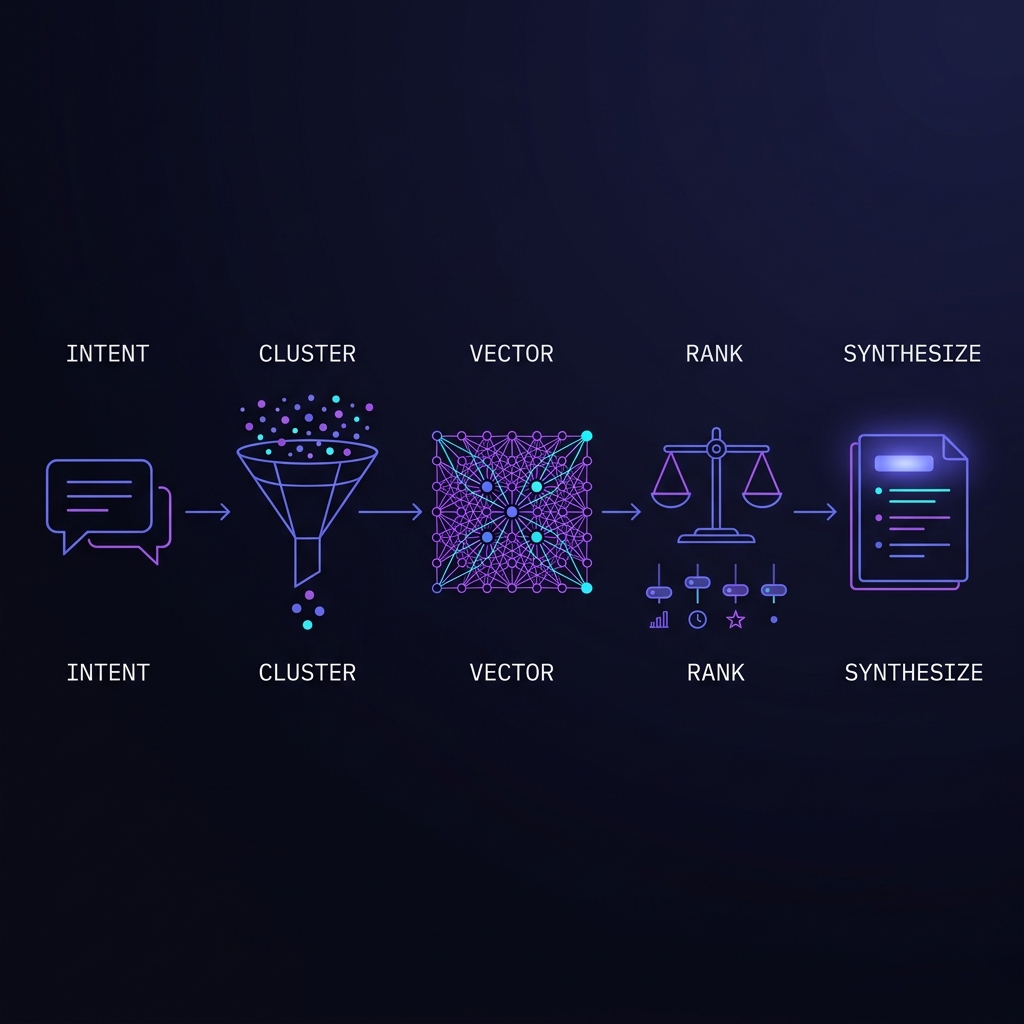 Five-stage pipeline: intent, cluster, vector, rank, synthesize