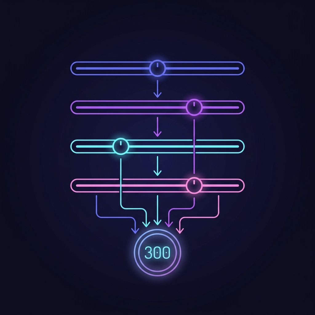 Multi-factor ranker formula — four colored sliders converging into a composite score output