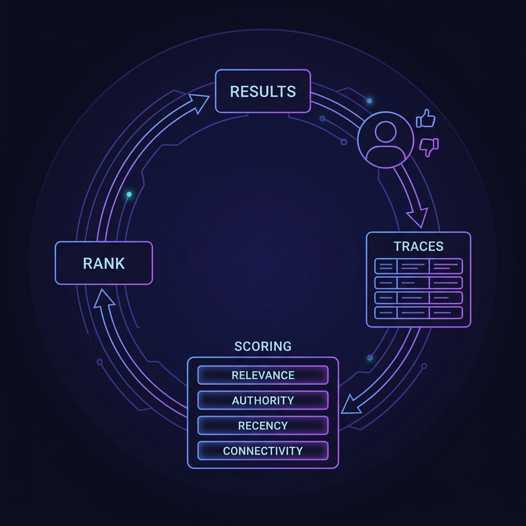 Feedback loop: Results → user feedback → traces → scoring dimensions → rank → results