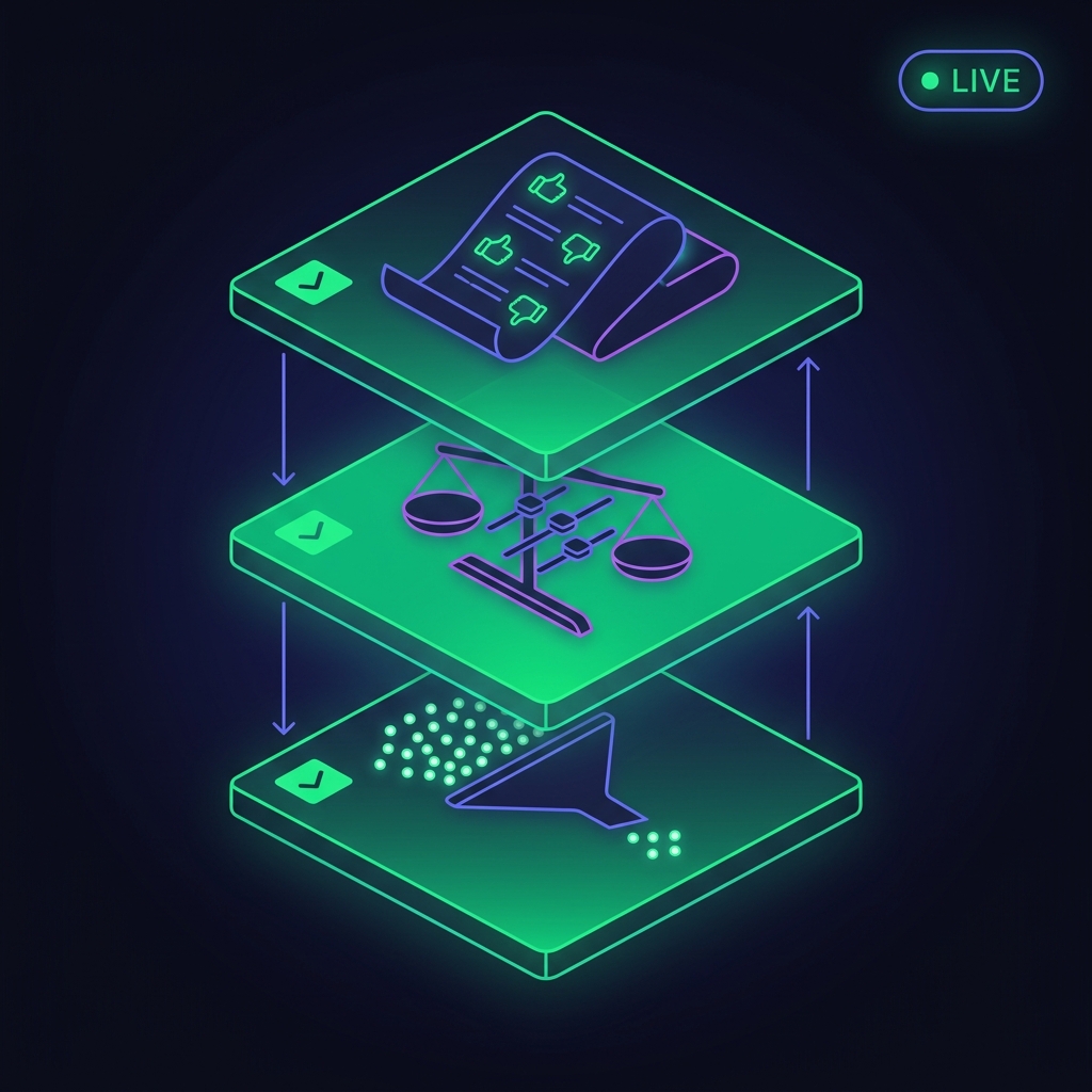 v2 shipped — three stacked layers each lit green with a checkmark: cluster filter, multi-factor ranker, trace + feedback ledger