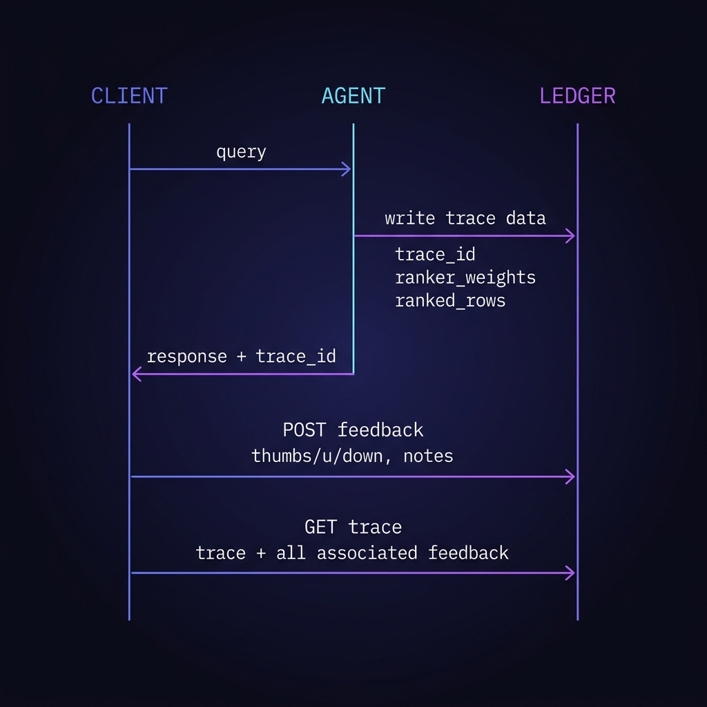 Trace + feedback sequence diagram — client, agent, and ledger interaction across 5 steps