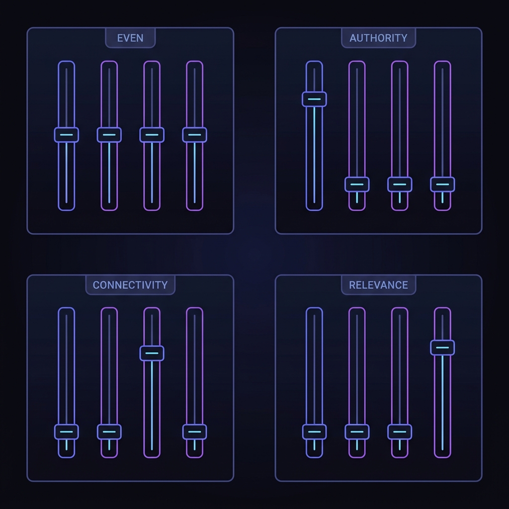 Four weight profile control panels arranged in a 2x2 grid — default, find_talent, find_investors, find_customers