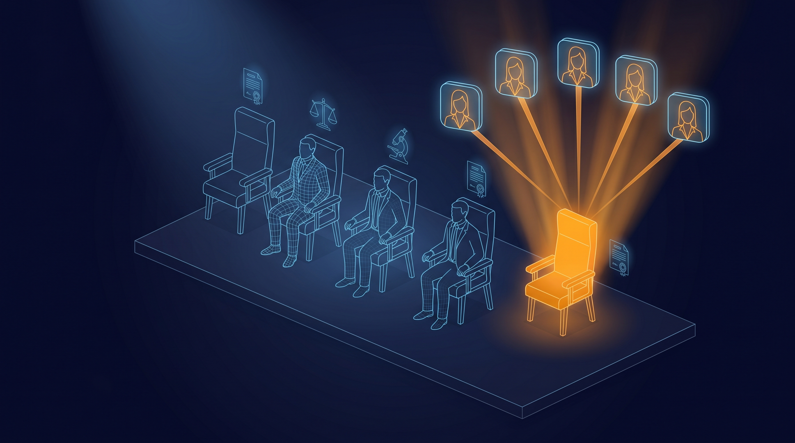 O1: Four occupied panel chairs plus an empty glowing fifth chair with five candidate female founders hovering above