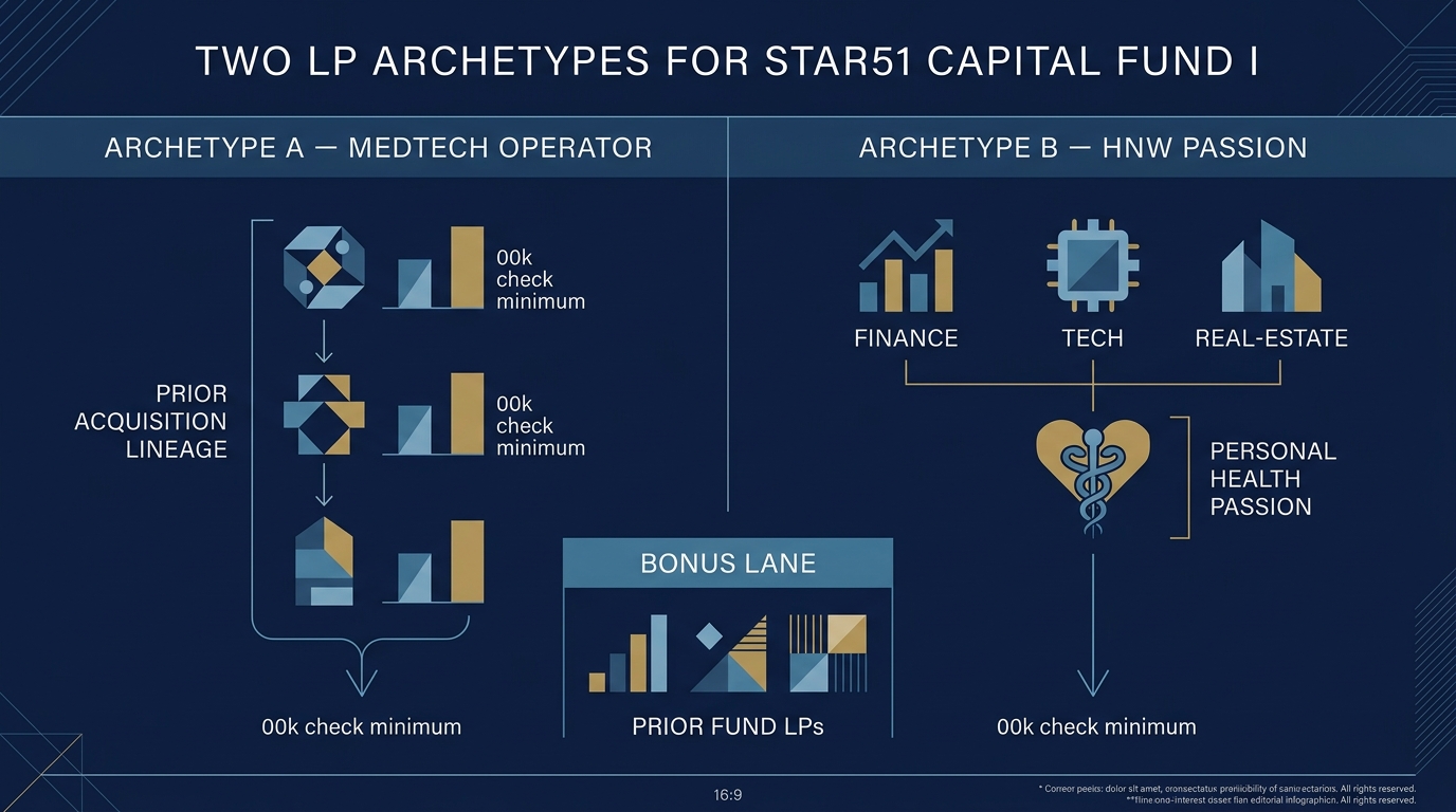 O2 LP archetypes: Medtech operator exits (left), HNW personal passion (right), prior-fund LPs bonus lane