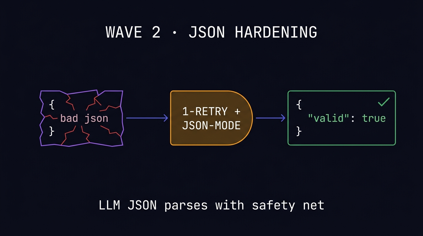 Fragile cracked JSON on the left flowing through a JSON-mode gate into a perfectly-formed green checkmarked JSON on the right