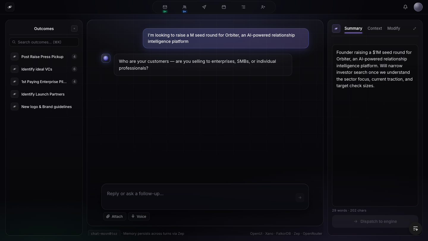Right rail showing live-updating outcome summary with Dispatch to engine button
