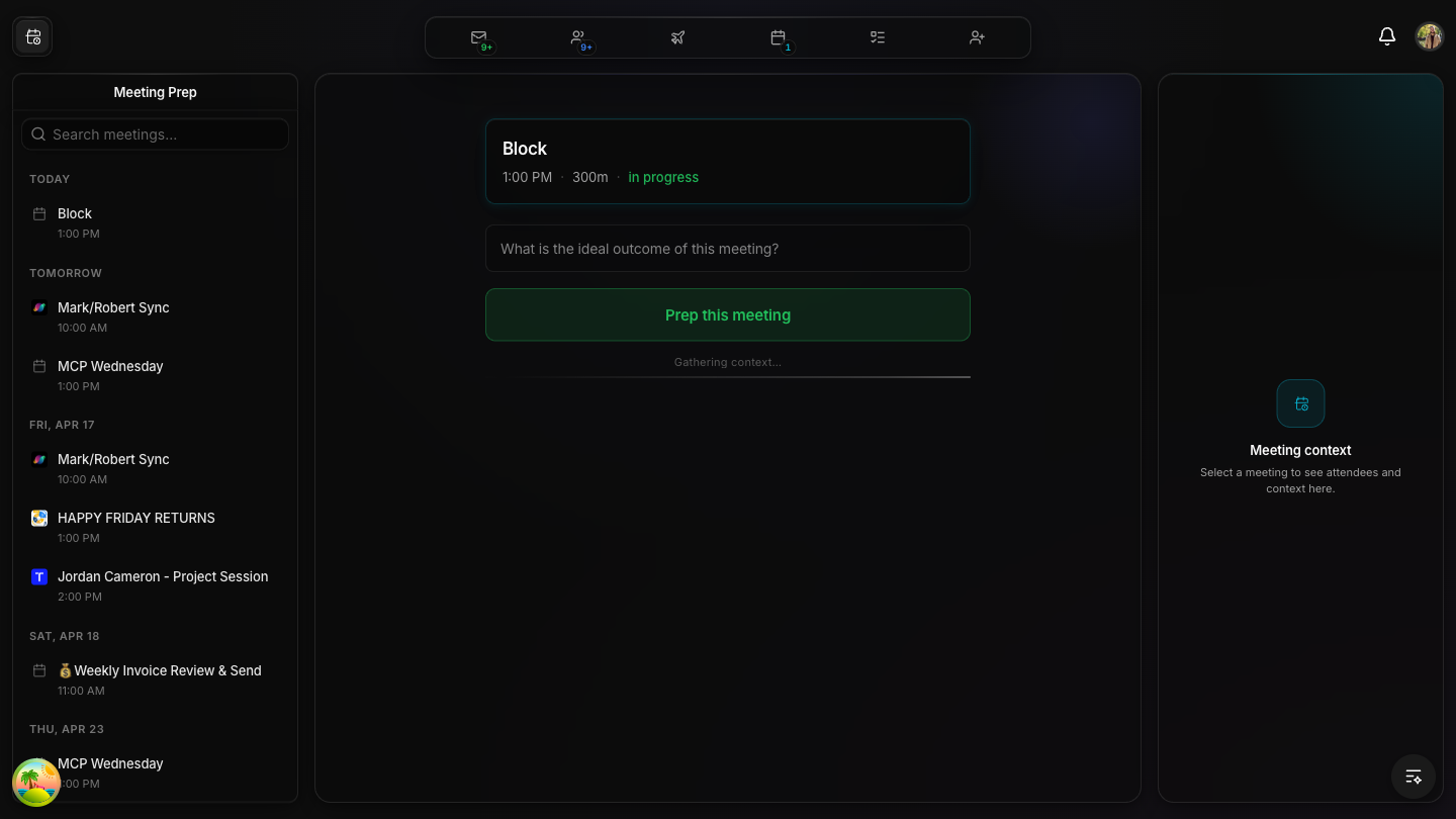 Meeting Prep landing — today's meetings