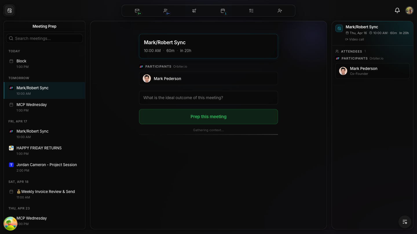 Meeting selected — Mark/Robert Sync with context panel
